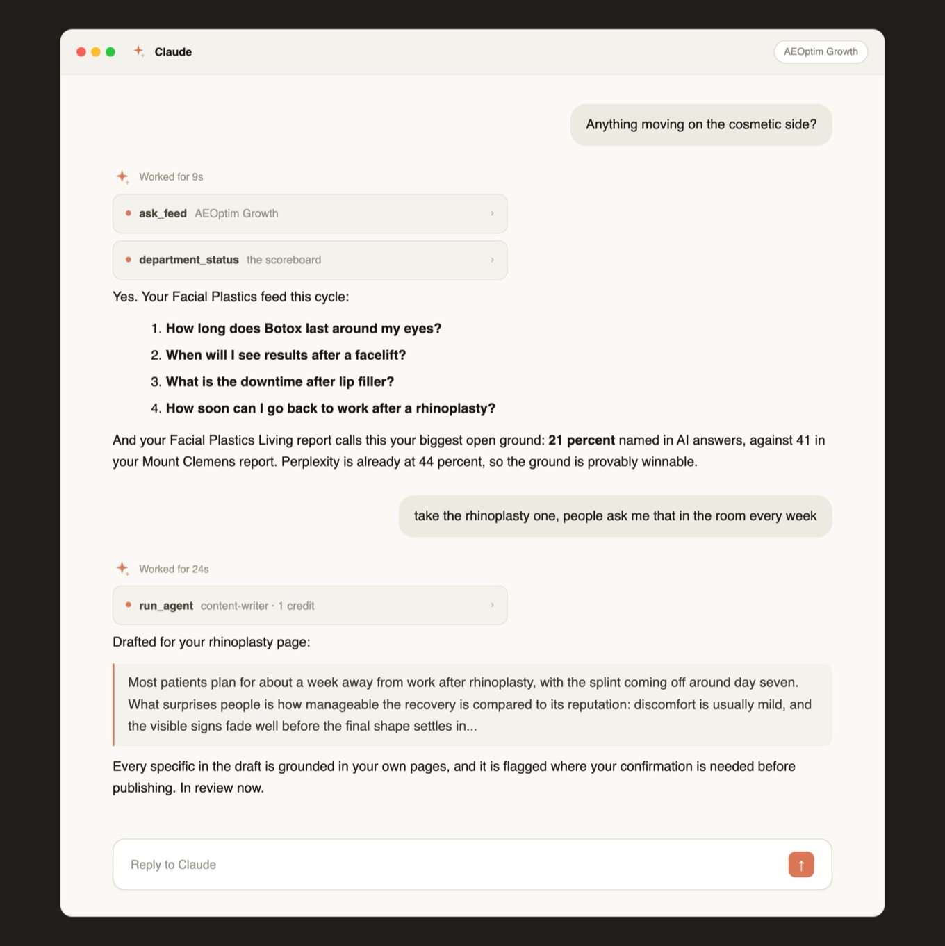 A Claude session reading the AEOptim ASK feed of live patient questions and commissioning a grounded page draft with review required before publishing