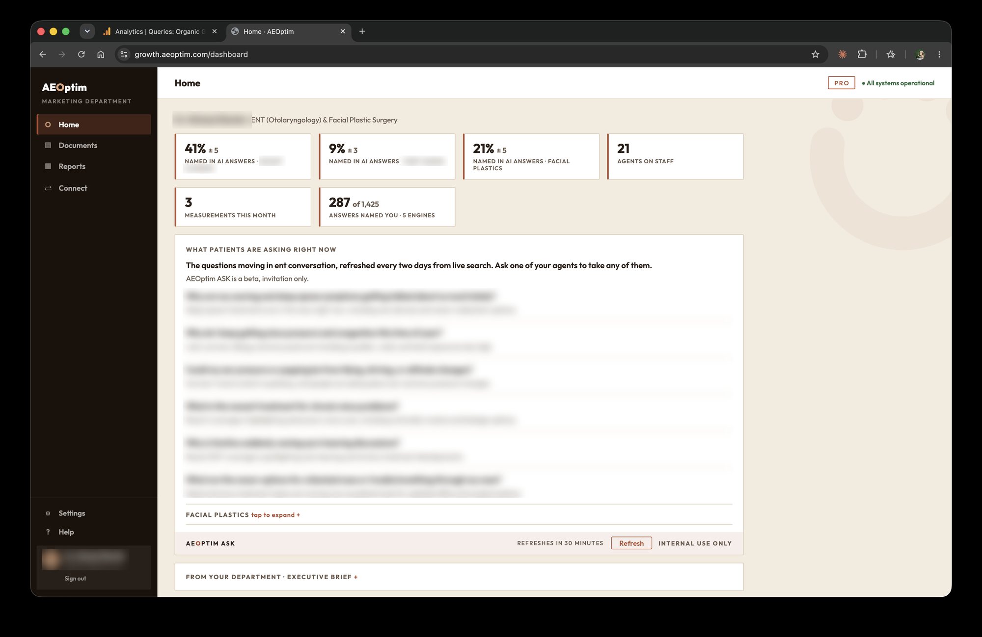 The AEOptim Office dashboard: measured AI visibility tiles per market, agents on staff, the ASK feed of live patient questions, and the executive brief, with identifying details blurred