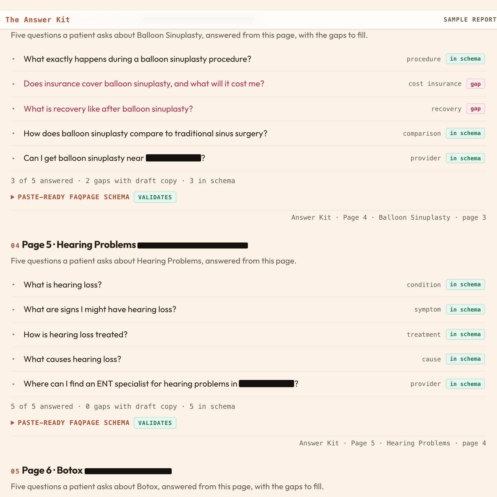 One page of the kit: five patient questions, each tagged to its journey slot, answered or flagged as a gap with draft copy.