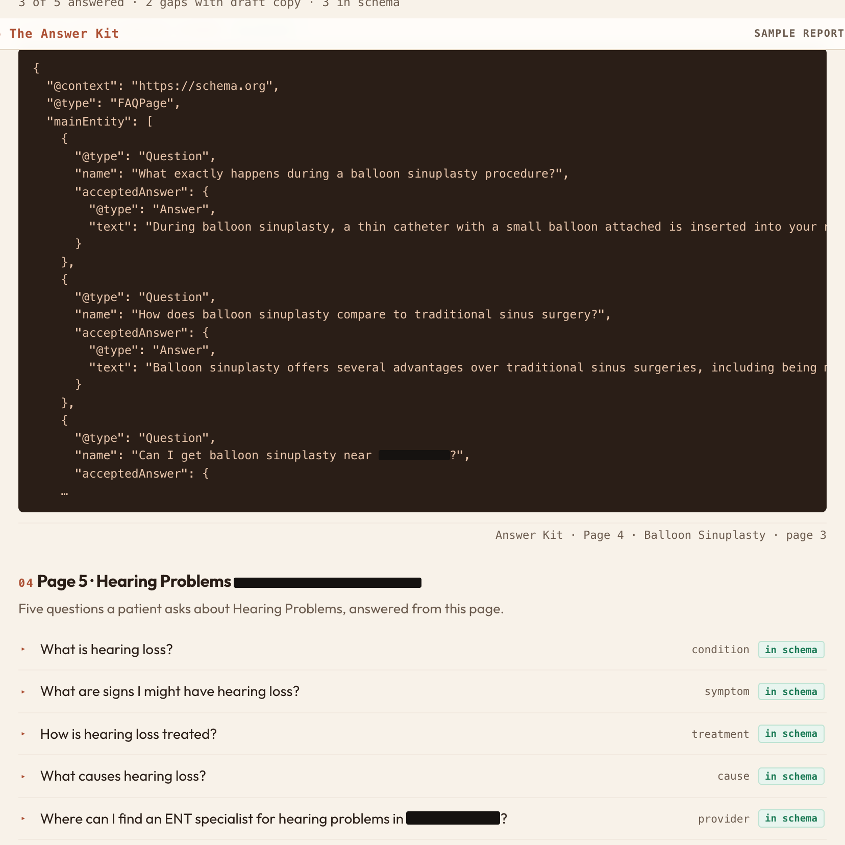 The paste-ready FAQPage schema for the same page. Answered questions only, and it validates.